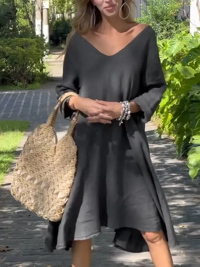 Women's Casual Solid Color V-Neck Cotton and Linen Dress