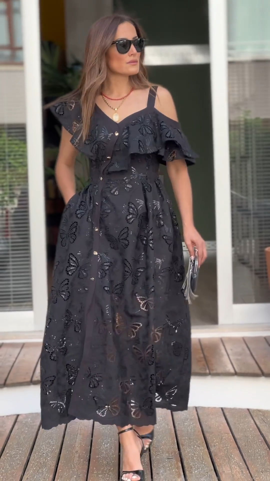 Black Butterfly Cutout Cold-Shoulder Midi Dress
