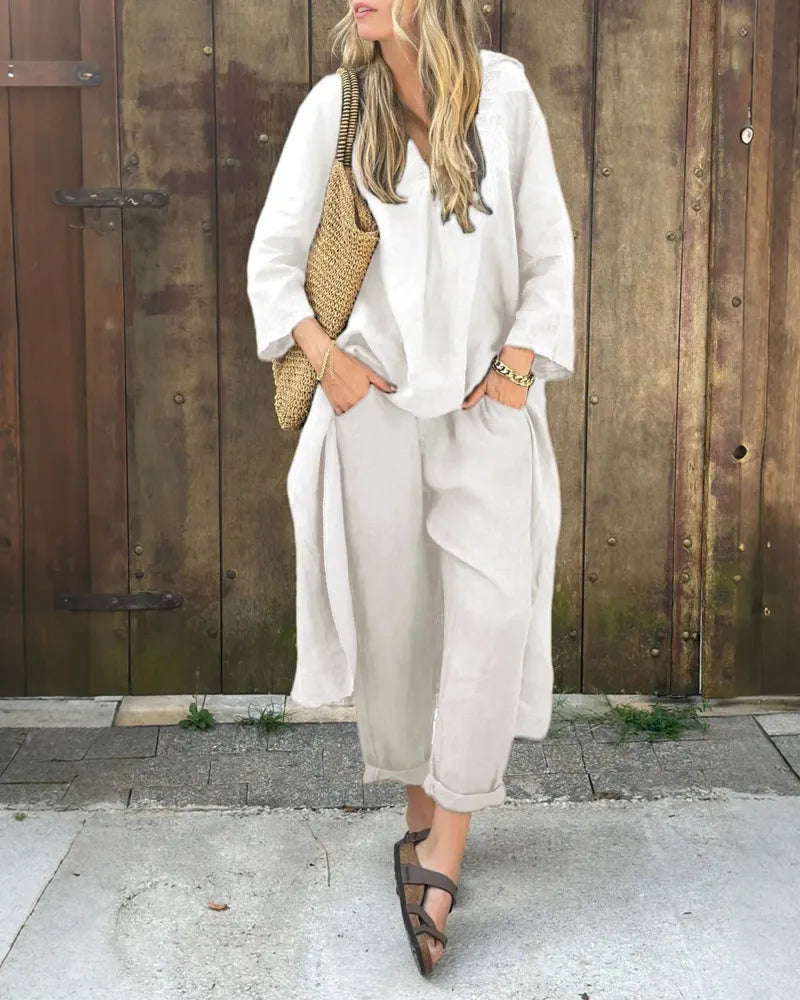 Solid Color Irregular Length Top & Pants Two-Piece Set
