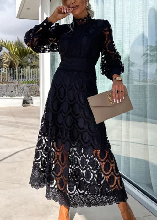 Stand-collar long-sleeve openwork lace maxi dress