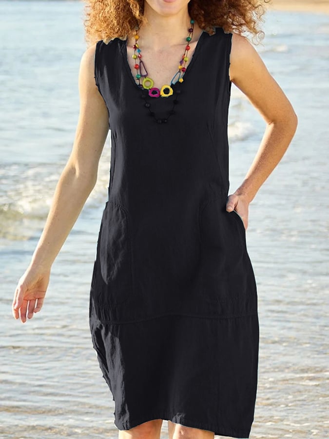 Solid Cotton Hemp U-Neck Sleeveless Pocket Dress