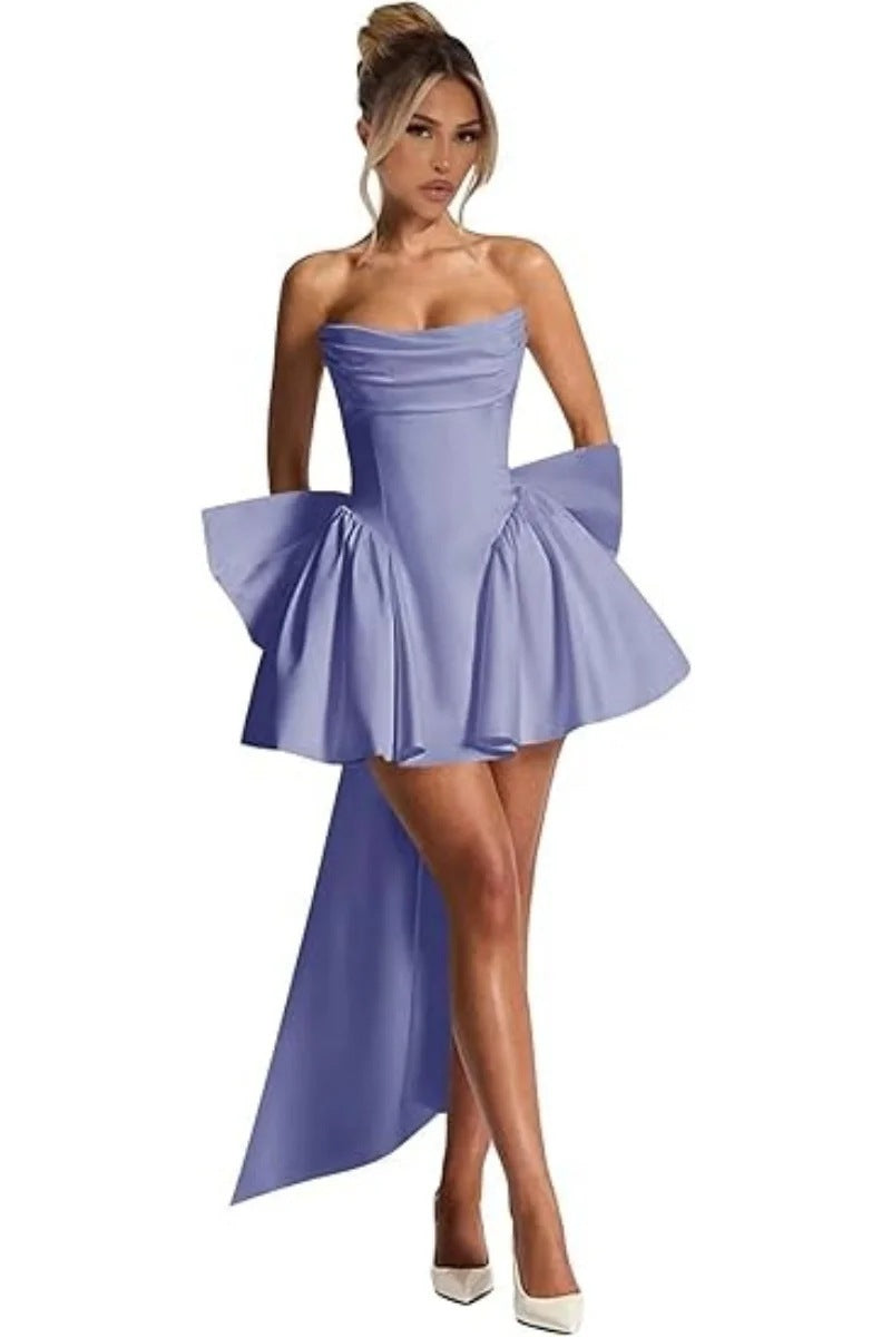 Strapless Satin Corset Homecoming Dress with Back Bow & Train