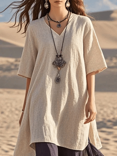 Women's V-Neck Contrast Color Cotton Vacation Dress