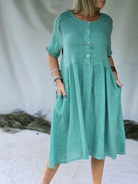 Women's Casual Solid Color Round Neck Mid Sleeve Button Cotton and Linen Dress