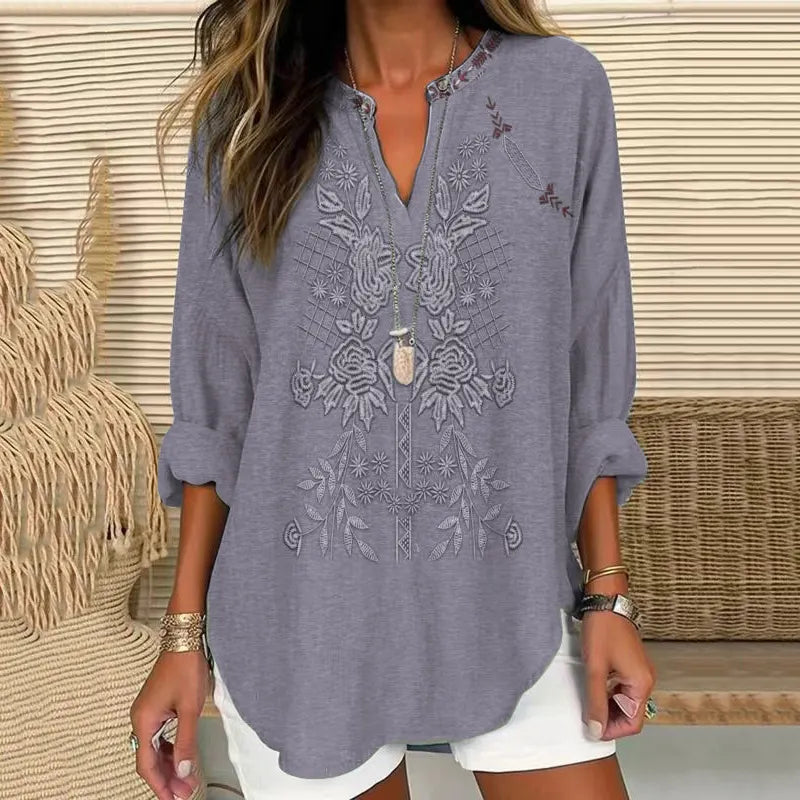 Vintage Embroidered Floral V-neck Linen Blend Blouse