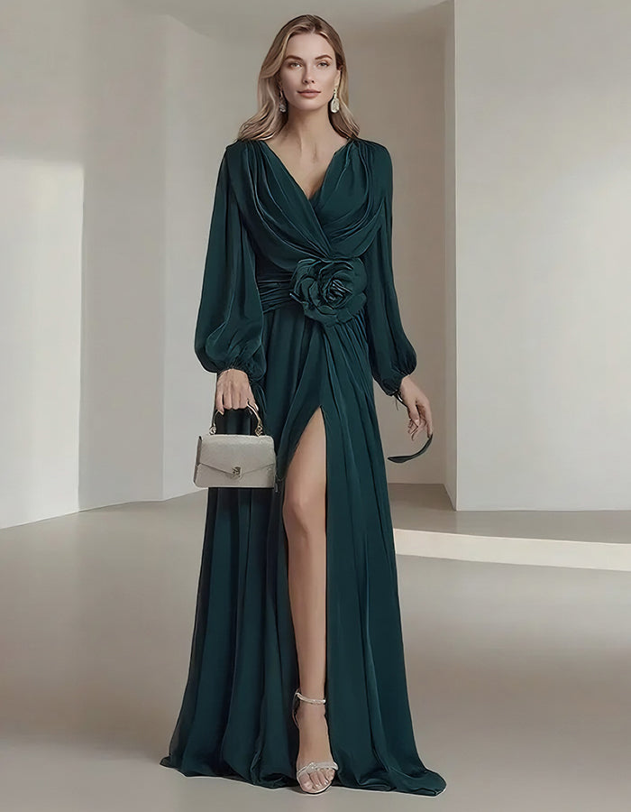 Flower Pleated Chiffon Wedding Dress Long Buff Sleeve Flowy V-neck Maxi Dress