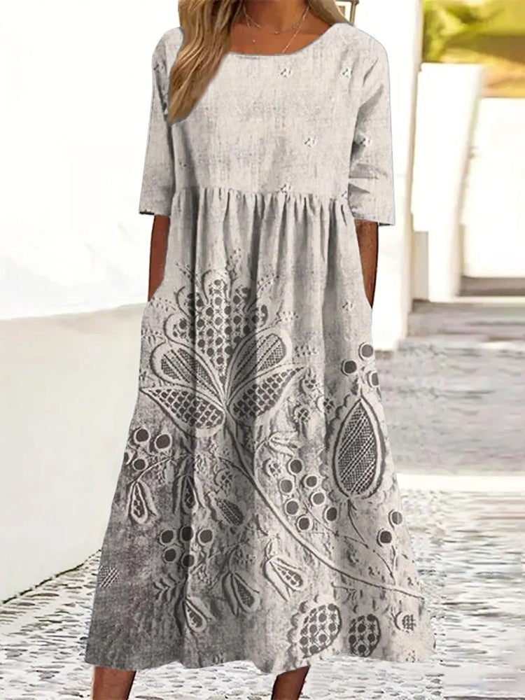 Lace Flower Print Round Neck Short Sleeve Midi Dress