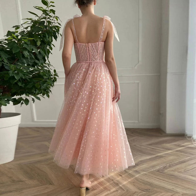 Iridescent Heart Tulle Homecoming Dress with Bow Straps