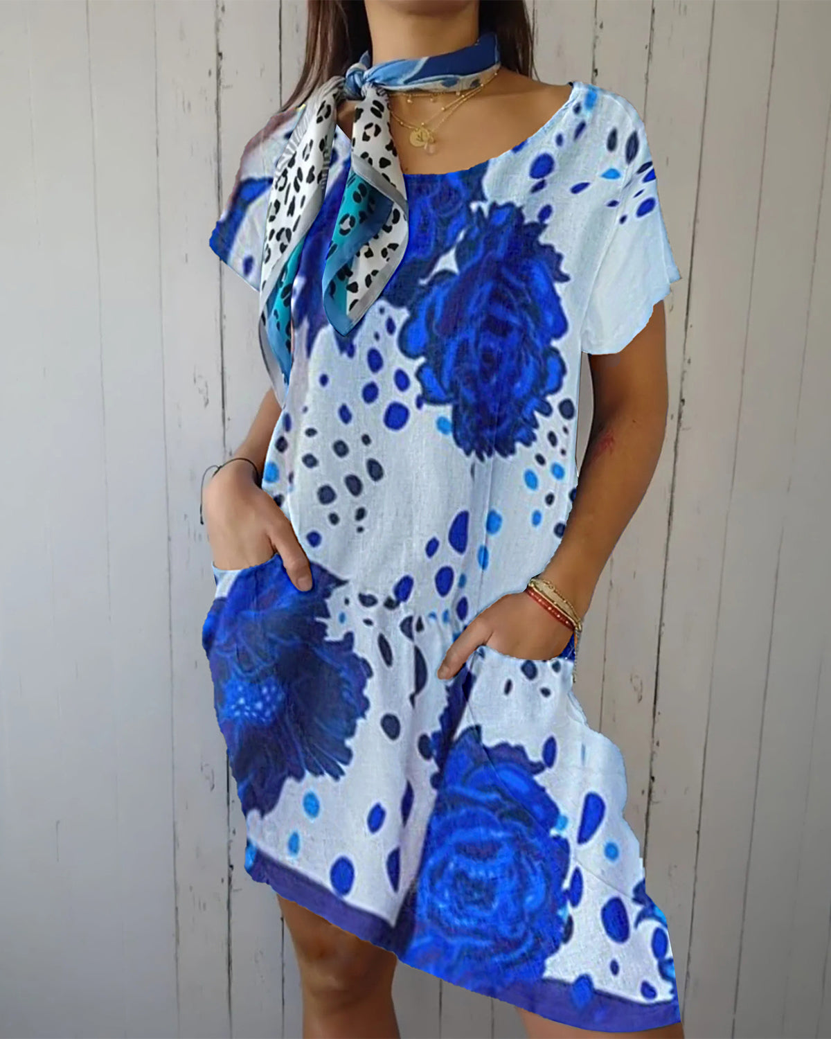 Women's Cotton and Linen Round Neck Printed Dress