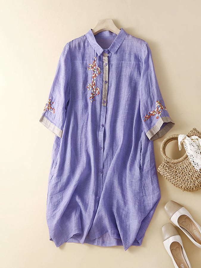 Cotton And Linen Embroidered Contrasting Ethnic Style Dress
