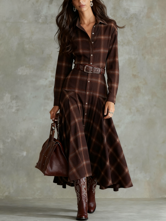 Vintage Dark Brown Plaid Single-breasted Button-down Shirt Dress