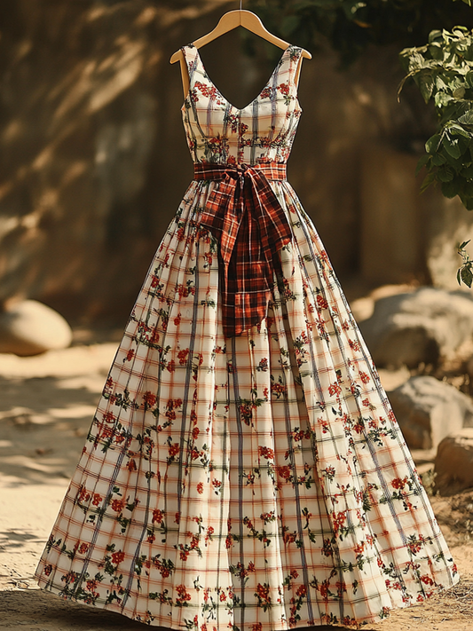 Women's Vintage Floral Plaid Pattern Cotton And Linen Sleeveless Dress