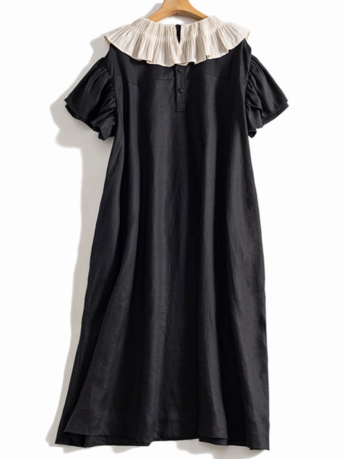Cotton And Linen Doll Neck Flared Sleeves Ruffled Collar Vintage Dress