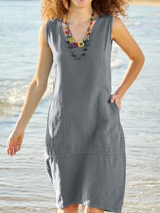 Solid Cotton Hemp U-Neck Sleeveless Pocket Dress