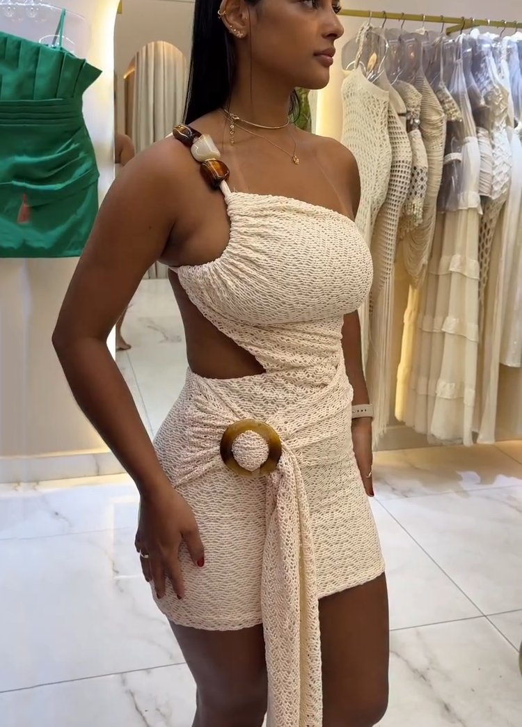 Beige Knit One-Shoulder Cutout Bodycon Mini Dress