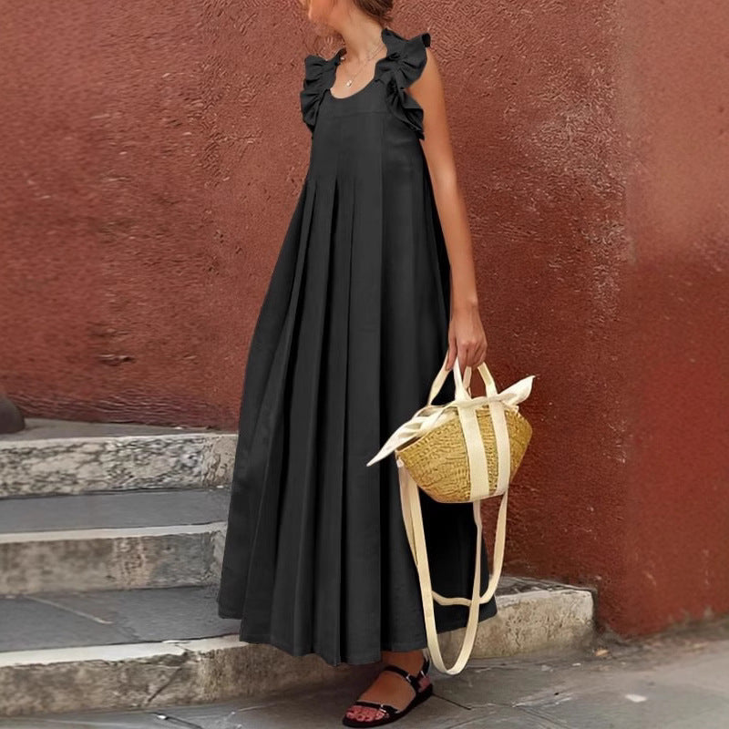 Casual Fashion Solid Color Ruffle Hem Midi Dress