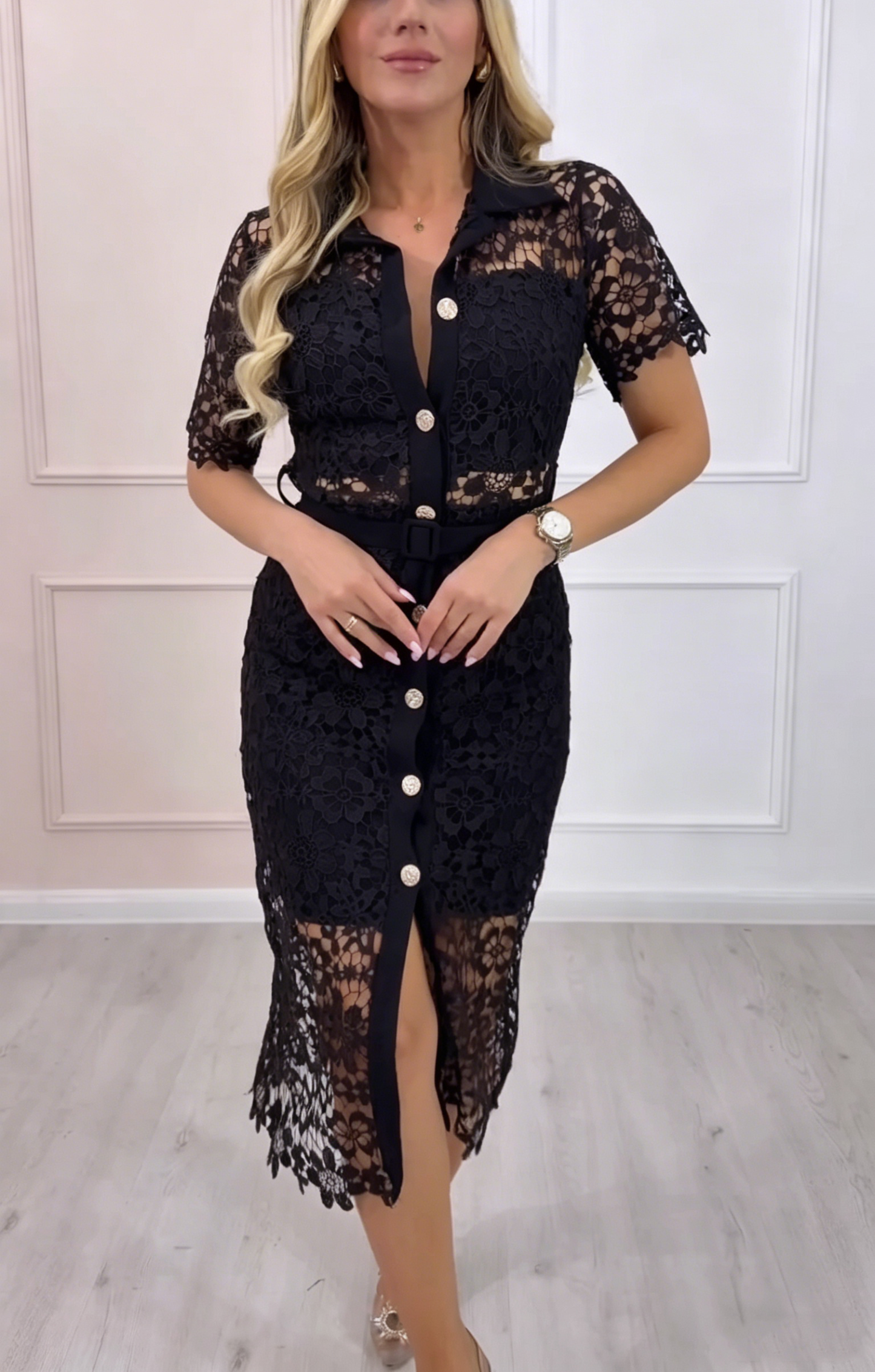 Lace Shirt Style Belted Waist Midi Dress