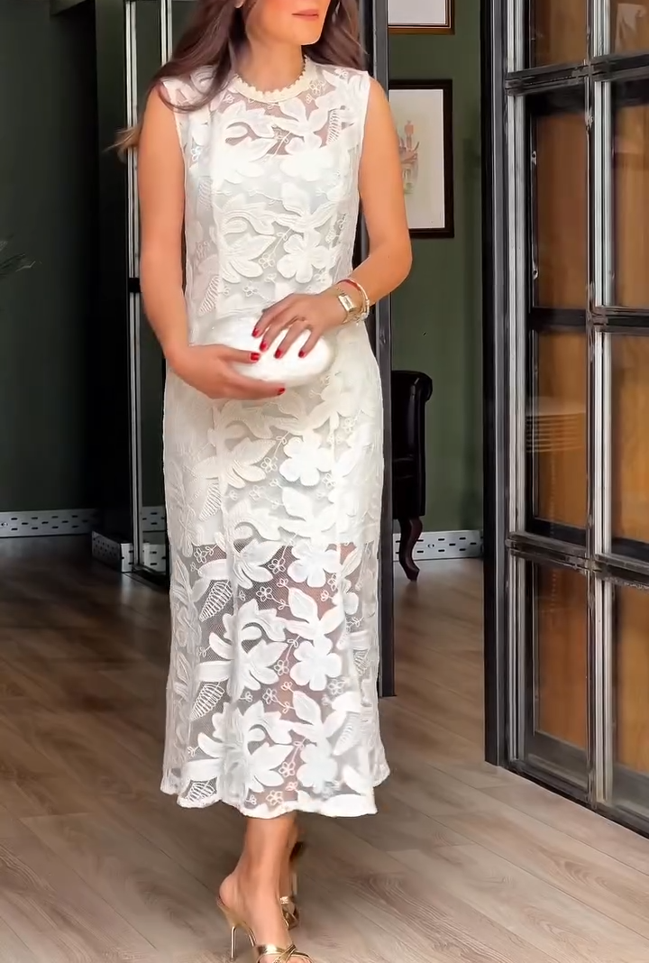 White Floral Lace Mermaid Midi Dress