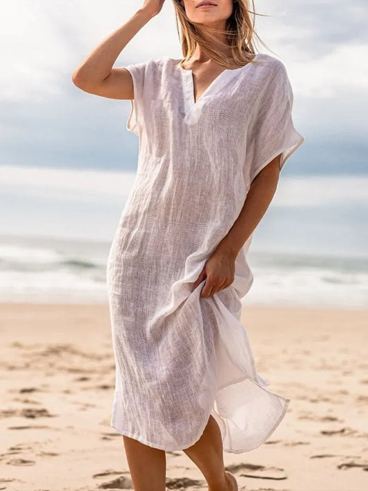 Women's Casual Solid Color V-Neck Short Sleeve Cotton and Linen Dress