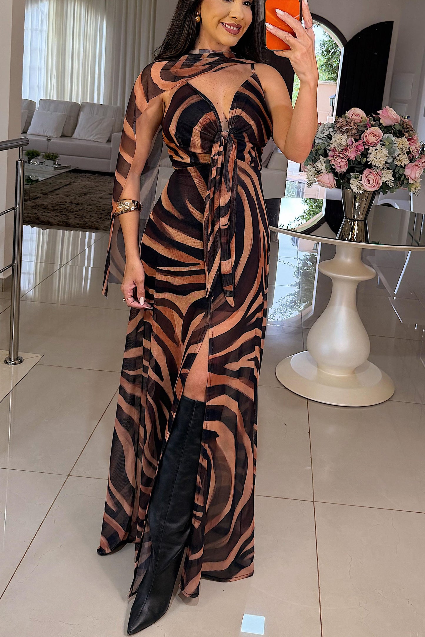 Sheer Chiffon V-Neck Tie-Front Evening Dress