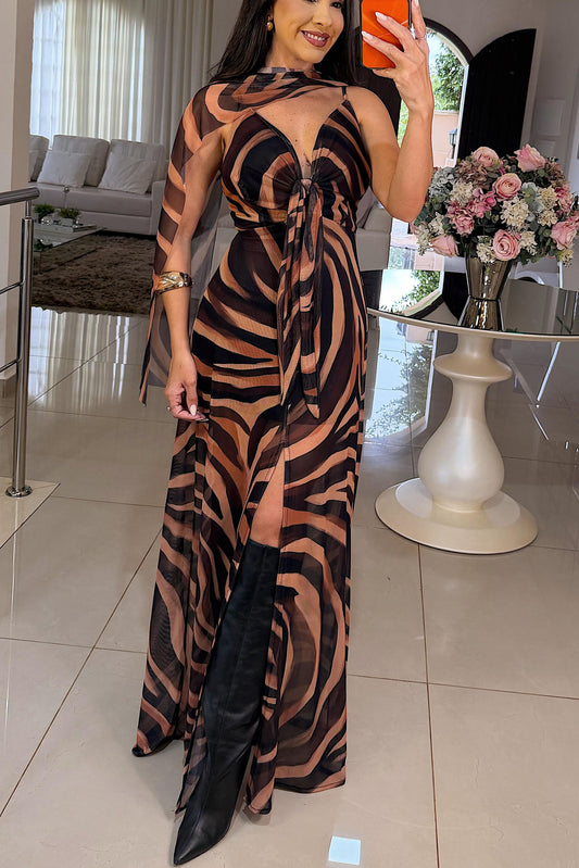 Sheer Chiffon V-Neck Tie-Front Evening Dress