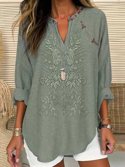 Vintage Embroidered Floral V-neck Linen Blend Blouse