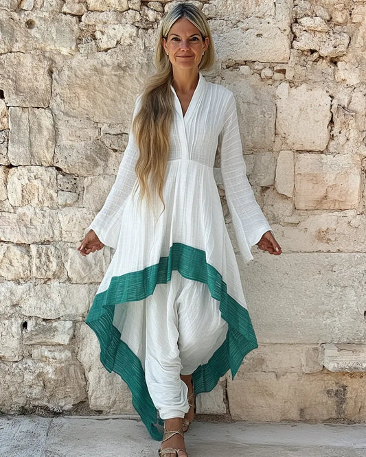 Vintage loose color block asymmetrical top + pant two piece set