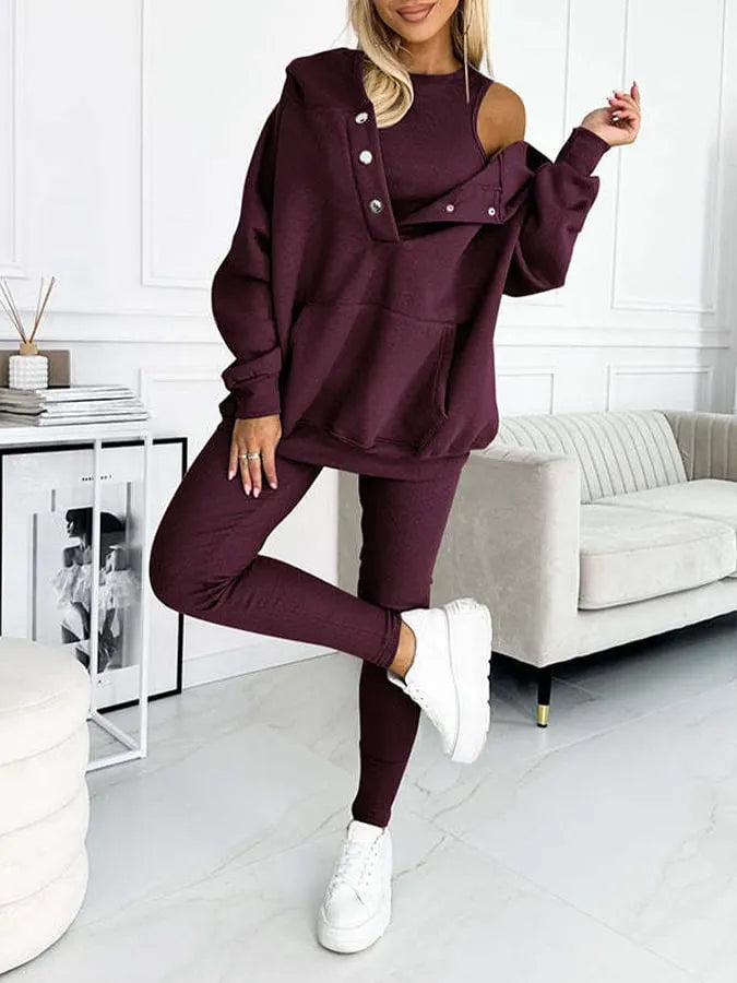 Women'S Sports Casual Hooded Sweatshirt + Slim Vest Pants Three-Piece Set