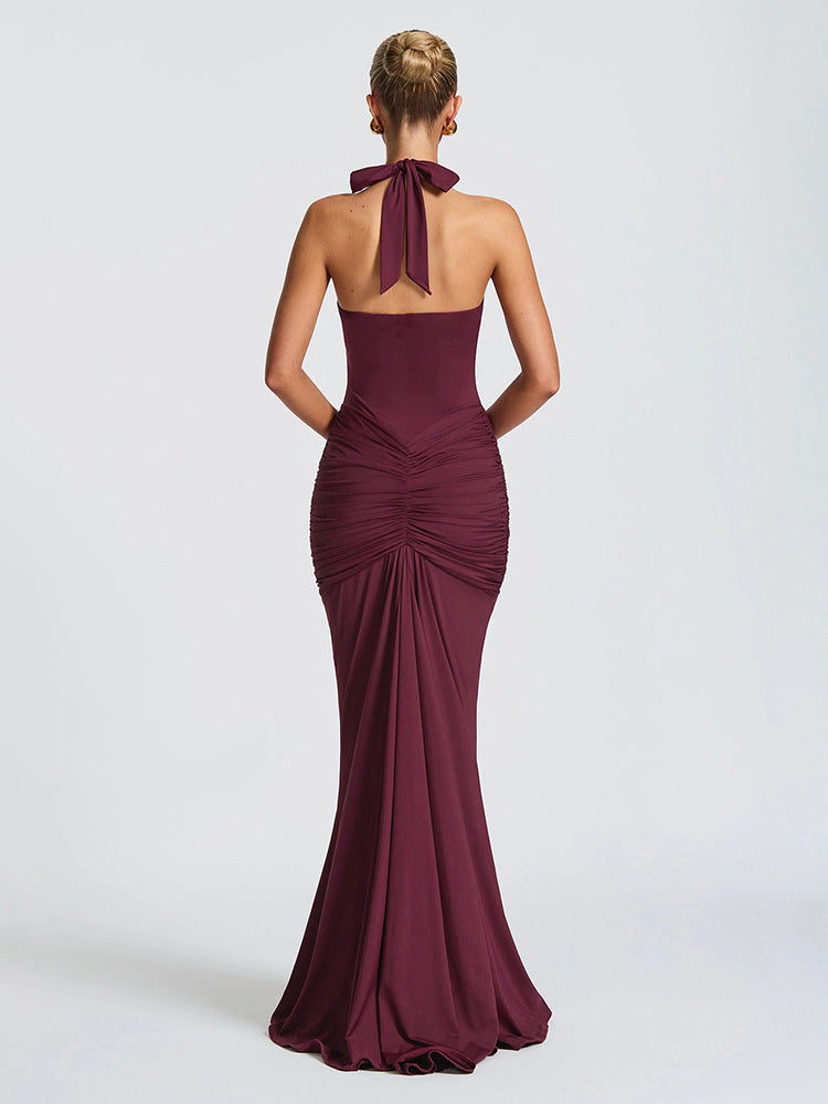 Solid Color Halterneck V-neck Open Back Tie Gathered Maxi Dress