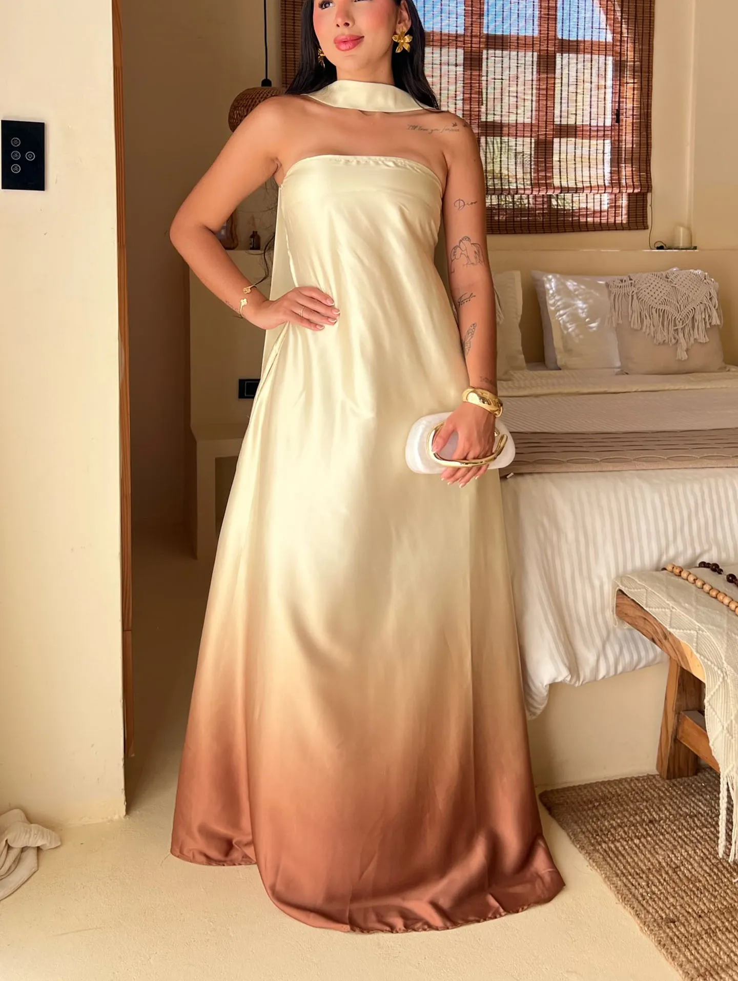 Teal Floral Satin Strapless Maxi Dress with Halter Tie