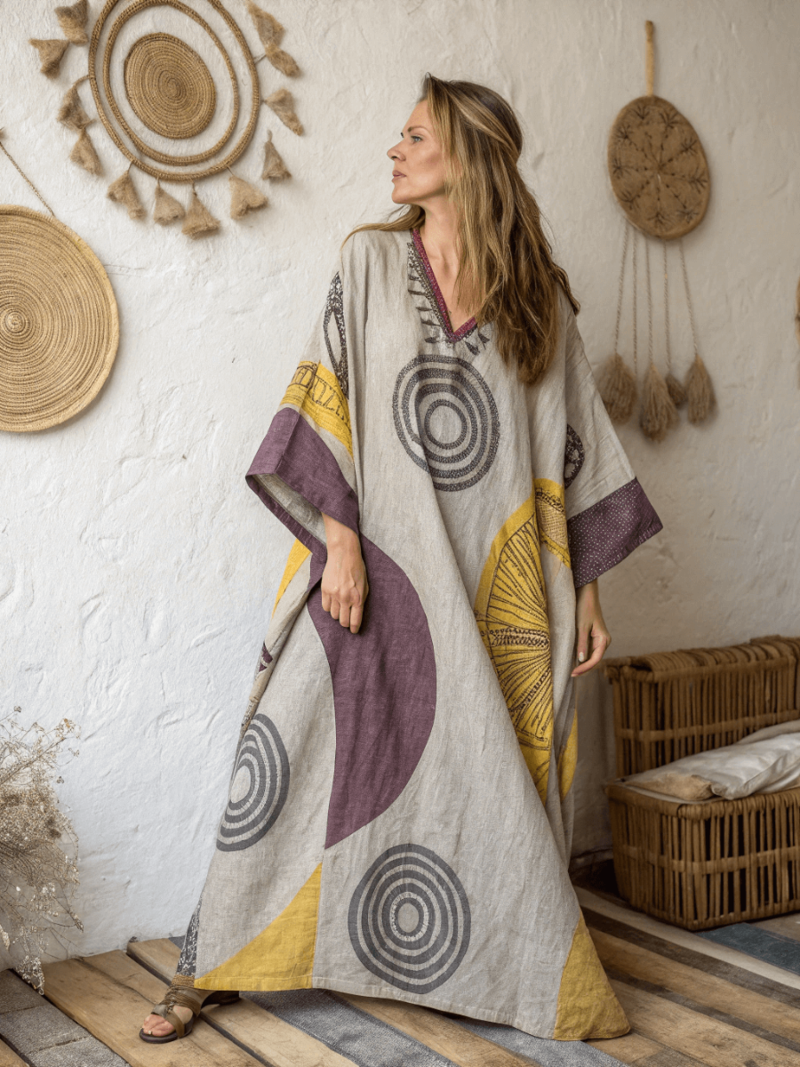 Linen Printed Kaftan Maxi Dress