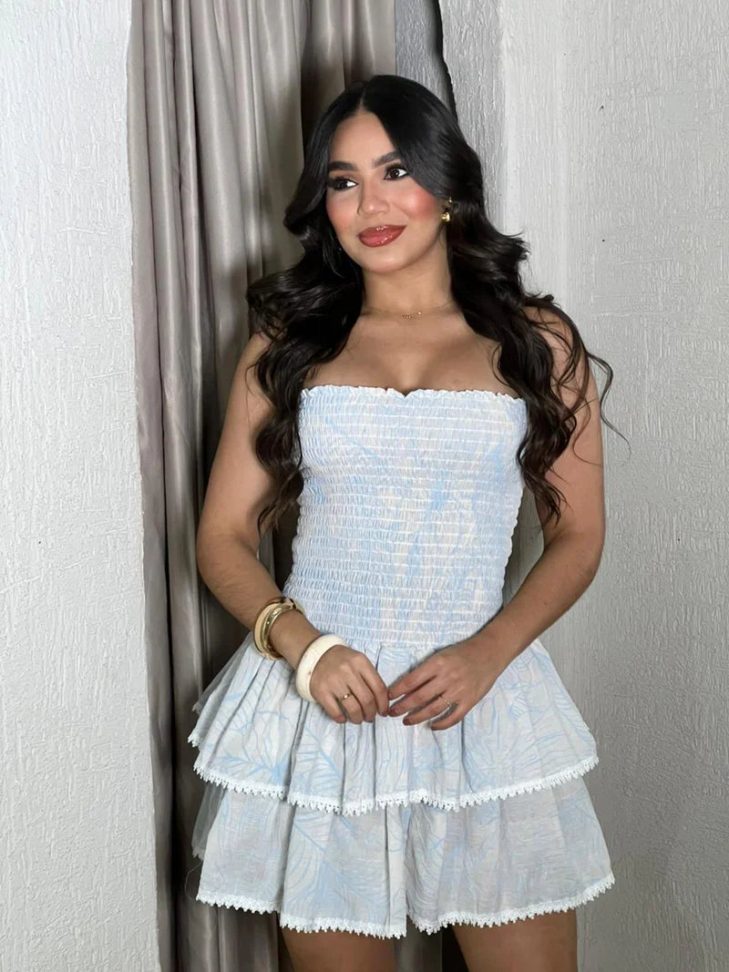 Blue White Paisley Strapless Tiered Mini Dress