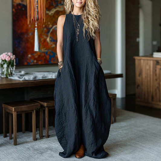 Retro Casual Loose Cotton And Linen Suspender Long Skirt Fashionable Large Silhouette Suspender Dress Home Comfortable L