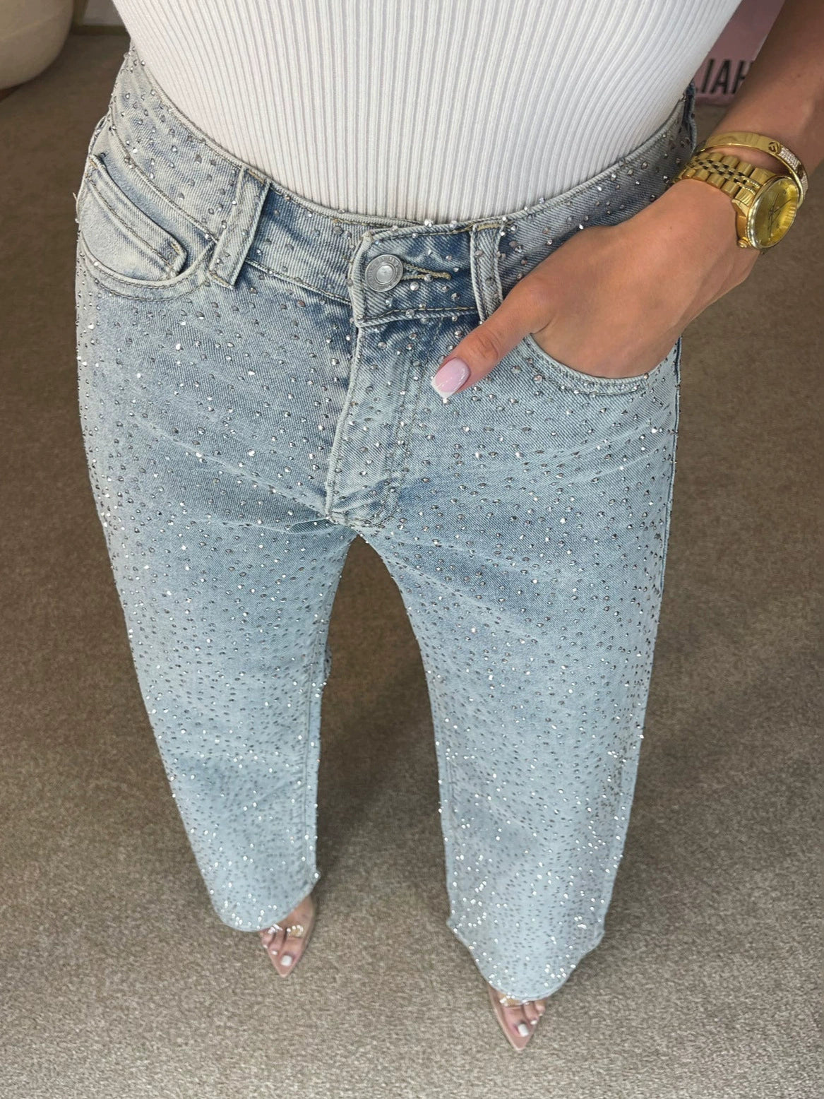 Rhinestone Washed Jeans