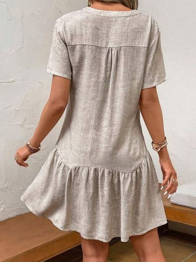 Women's Casual Solid Color V-Neck Short Sleeve Button Stitching Ruffle Dress