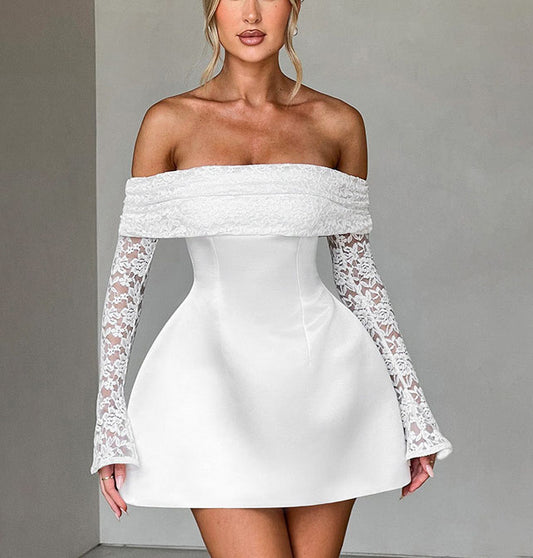 Off-Shoulder Lace Sleeve Satin Homecoming Dress