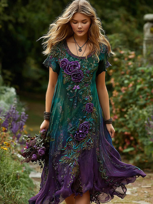 Women's Vintage Rose Floral Short Sleeve Midi Dress