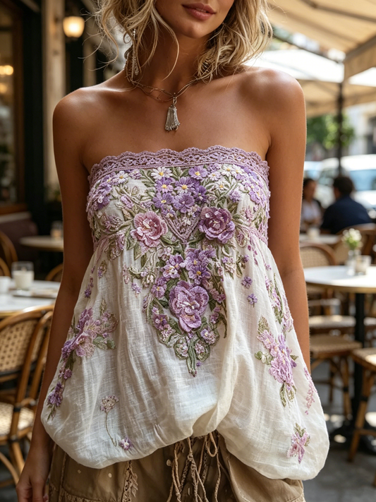🌸 Women's Purple Floral Embroidered Strapless Boho Top