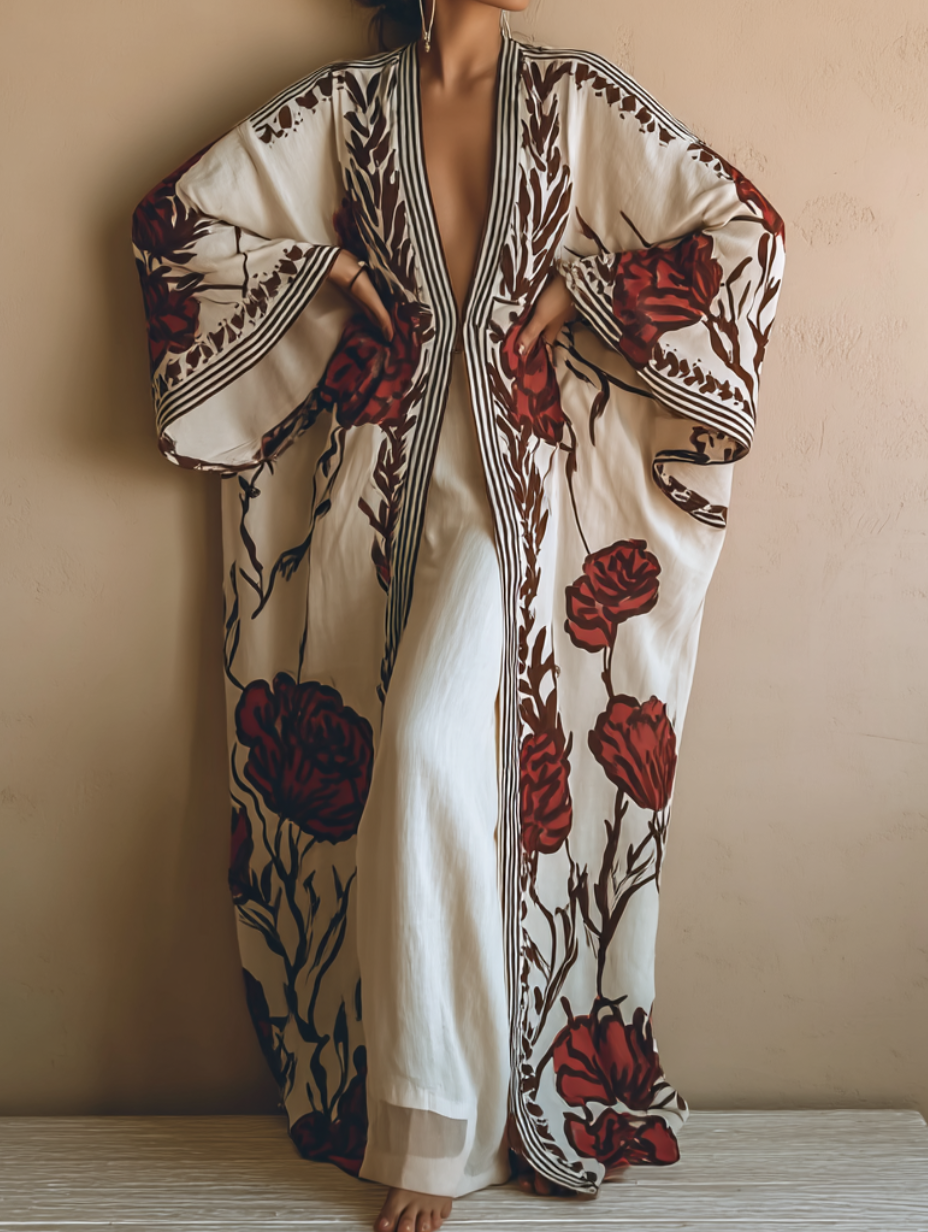 Women's Red Rose Kimono Linen Robe