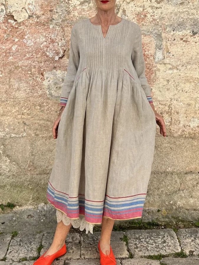 Women's Casual V-Neck Long Sleeve Striped Print Pleated Dress