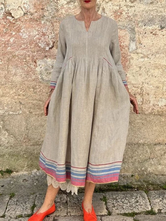Women's Casual V-Neck Long Sleeve Striped Print Pleated Dress