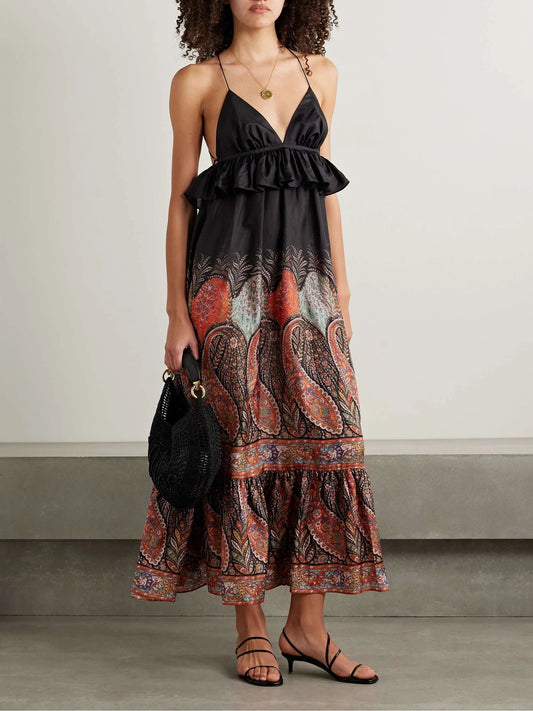 Ruffled Paisley-Print Silk Midi Dress