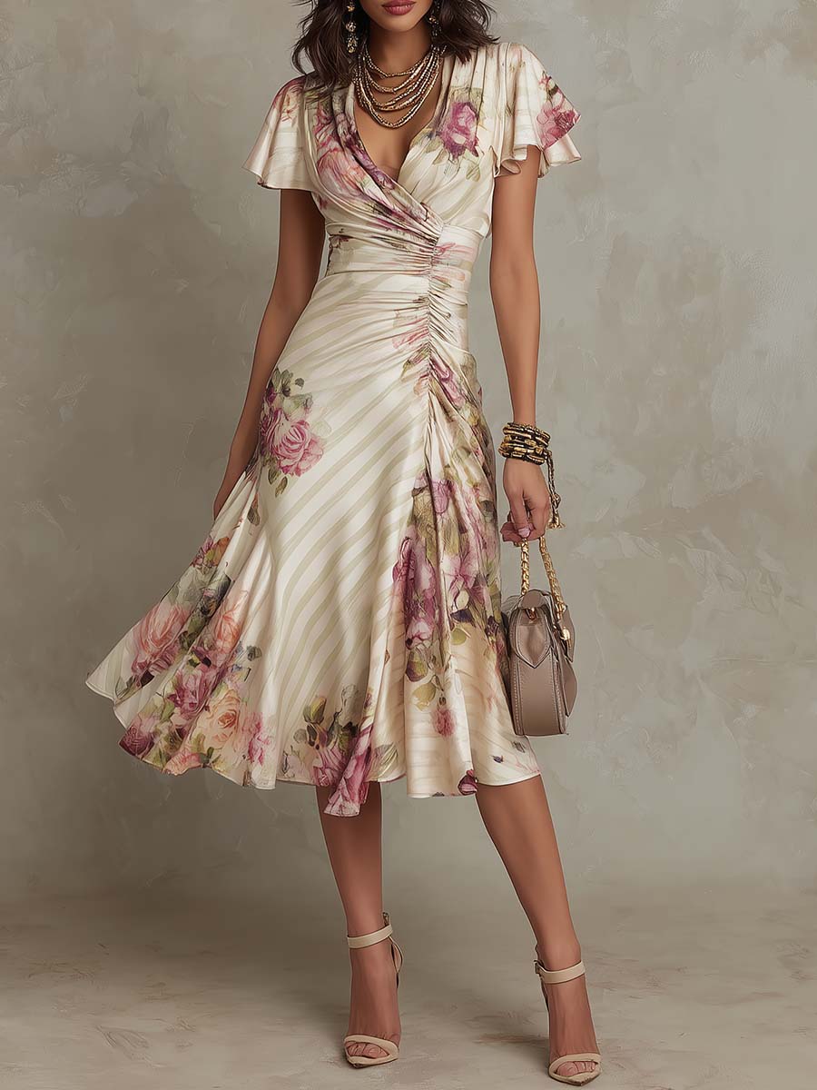 Albas - Elegant Retro Floral Satin Midi Dress