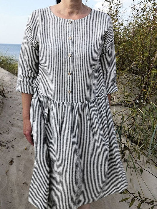 Women's Casual Round Neck 3/4 Sleeve Striped Print Button Dress