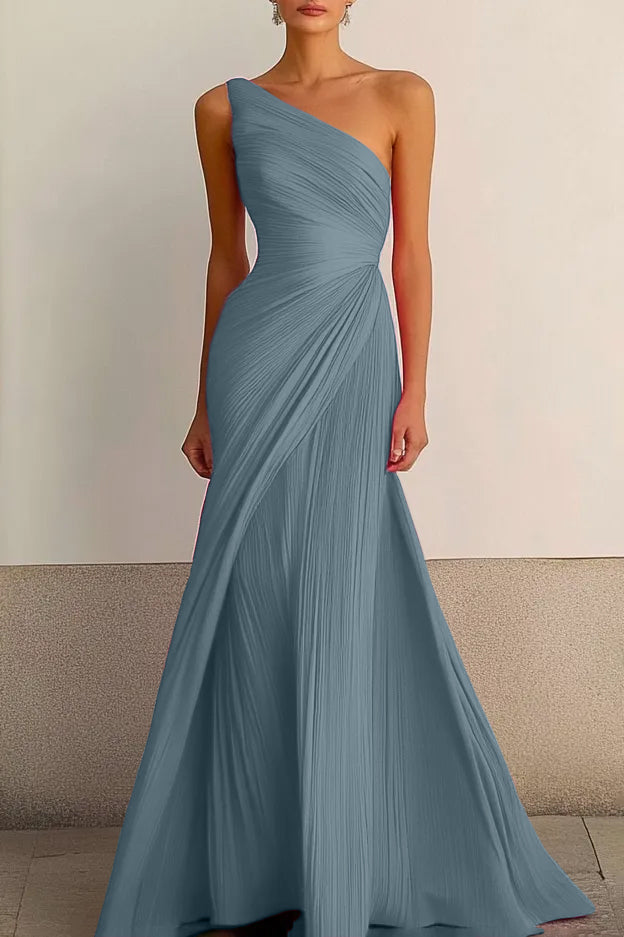 One Shoulder Pleated Maxi Dress Flowy Bodycon Gown Darted Waist Wedding Guest Dress