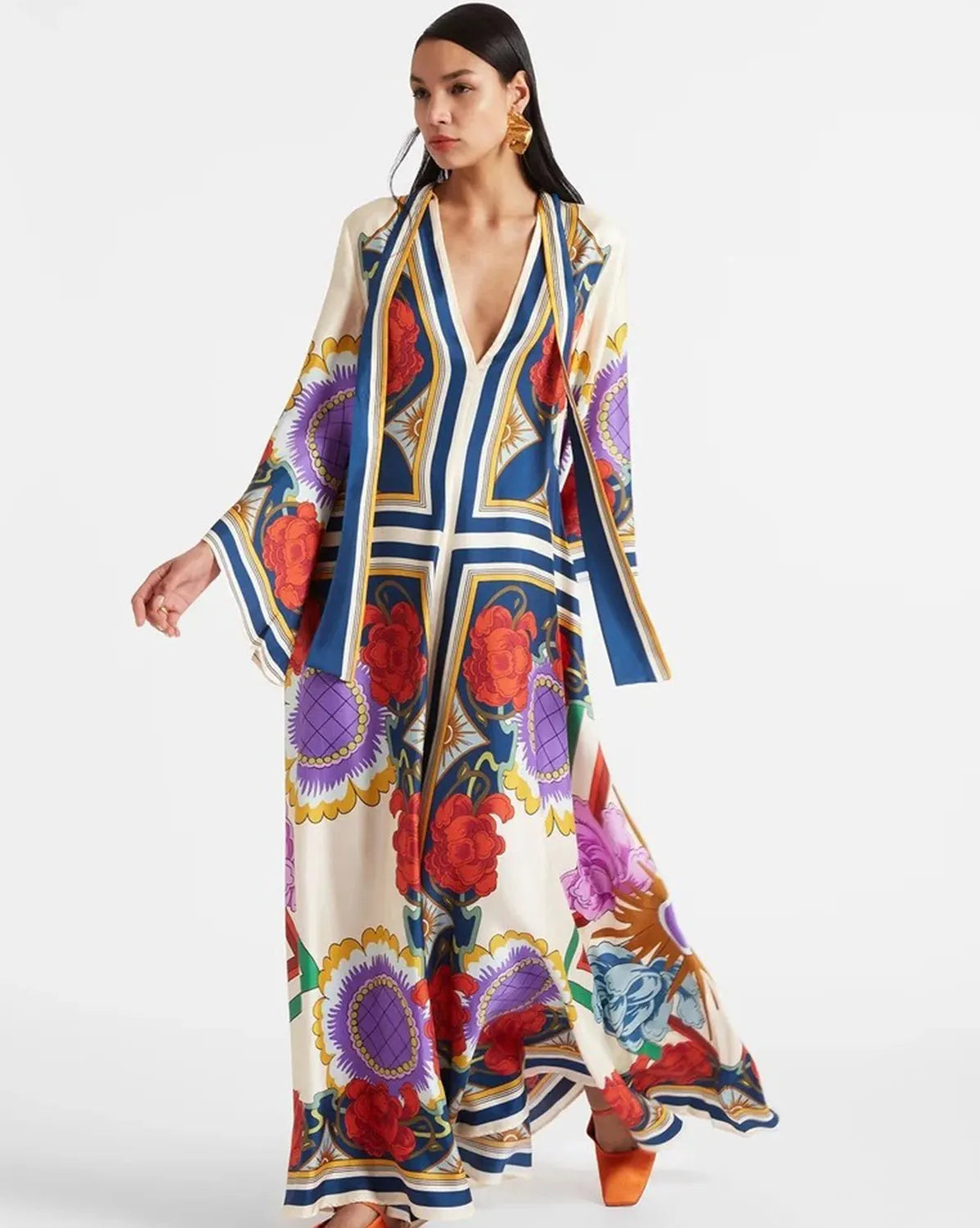 Casual Fashion Print Three-Quarter Sleeve Stand Collar Maxi Dress