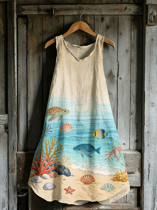Women's Ocean Creature Print Spaghetti Strap Cotton Dress