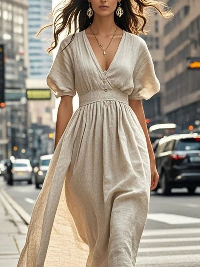 Women's Casual Solid Color V-Neck Cropped Short Sleeve Dress