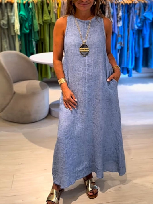 Women's Casual Solid Color Round Neck Sleeveless Cotton and Linen Dress