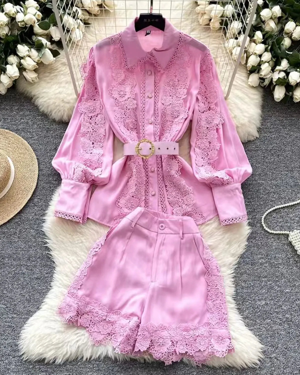 Elegant Fashion Lace Hollow Embroidery Splicing Cotton Lapel Short-Sleeved Shirt Pants Suit Brand 1:1 Replication